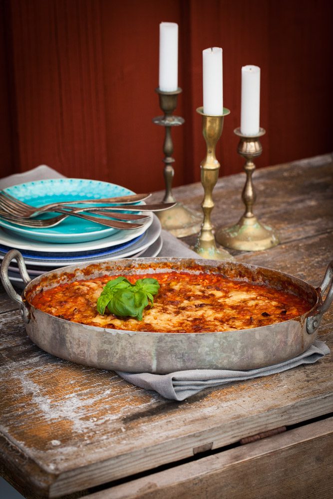 vegetarisk lasagne med keso och linser