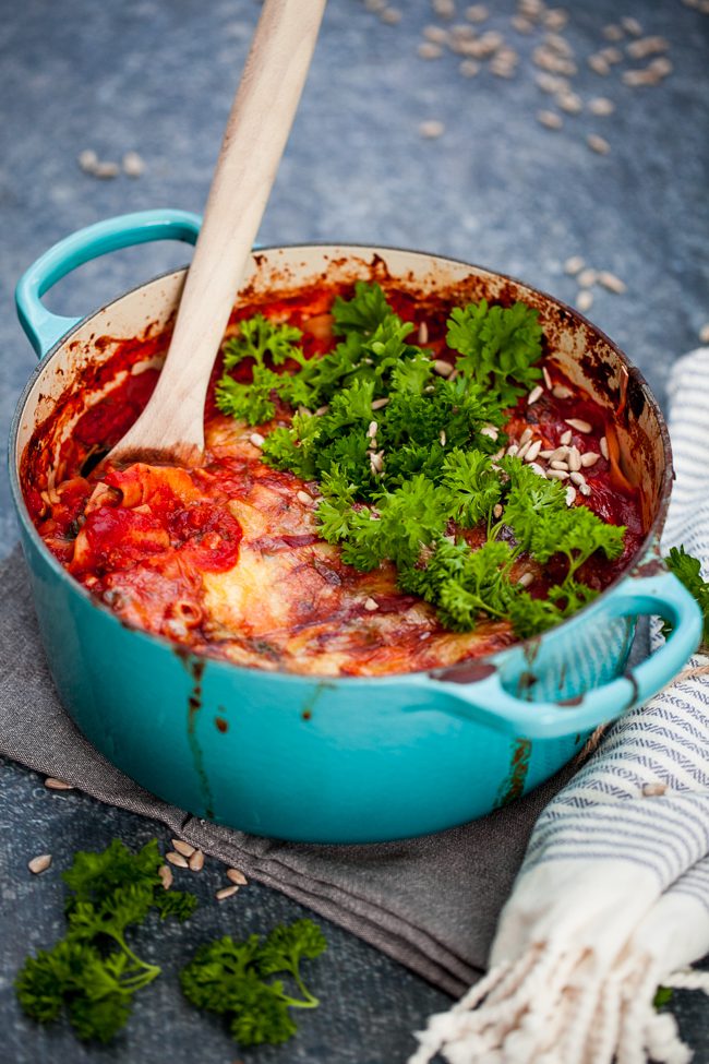 vegetarisk lasagne med halloumi, spenat