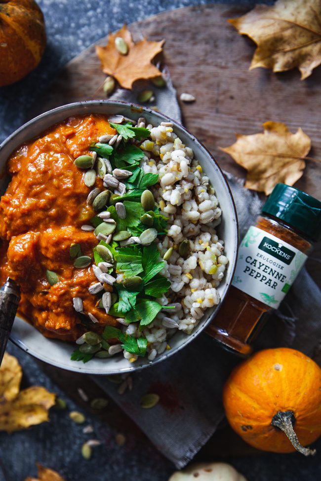 Sötpotatis och pumpagryta med saffransaioli