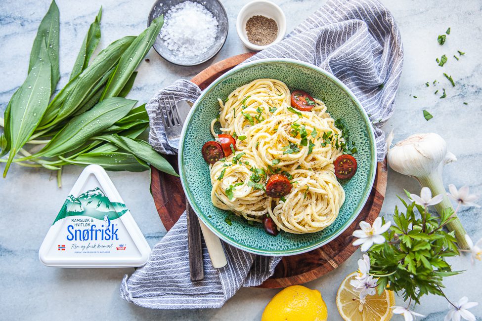 ramslökspasta, pasta med ramslök, Snøfrisk, färskost