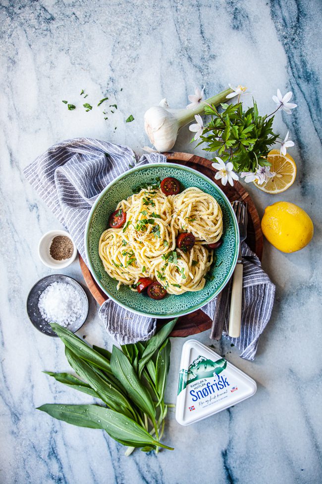 ramslökspasta, pasta med ramslök, Snøfrisk, färskost