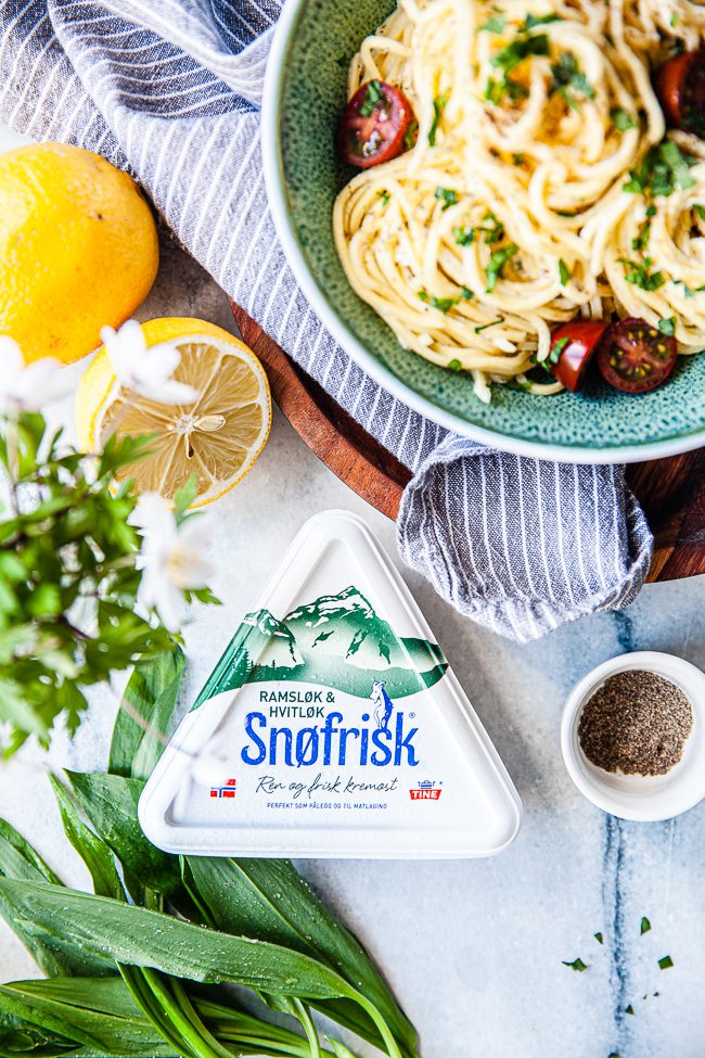 ramslökspasta, pasta med ramslök, Snøfrisk, färskost