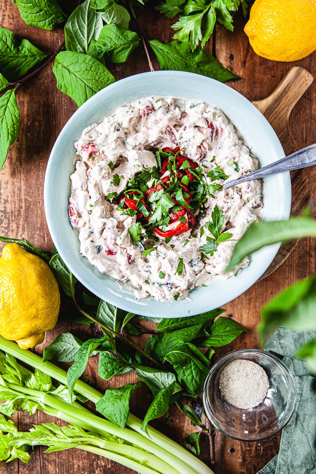 krämig kycklingröra, baguette, bakad potatis