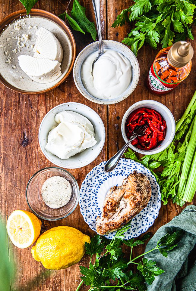 krämig kycklingröra, baguette, bakad potatis